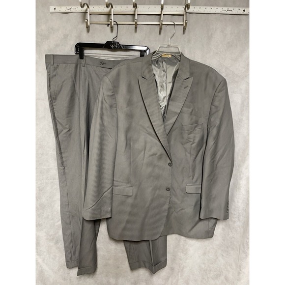 Stacy Adams Suit Men 54L Gray Striped 2B Academia Career Peak Pants 49X31 Luxury - Picture 1 of 16